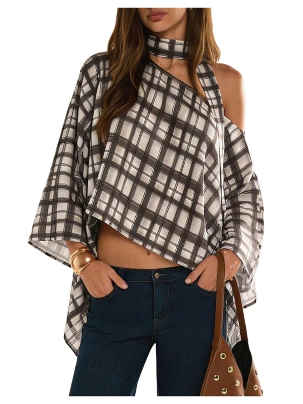 Women's Plaid Asymmetrical Tops Y2K Oversized Off Shoulder Poncho Top with Scarf